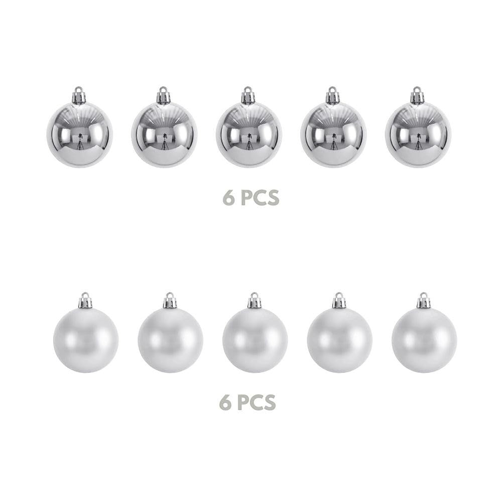 GoHooked silver Christmas ornaments balls, 2-inch diameter, pack of 12. Glitter finish, reusable, festive home decor.