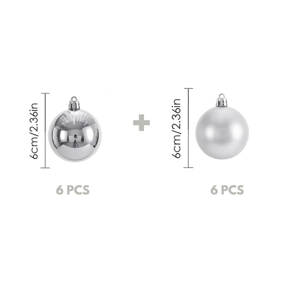 GoHooked silver Christmas ornaments, 2-inch diameter, pack of 12. Features shiny and glitter finishes for festive decor.