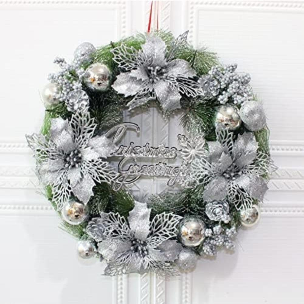 GoHooked silver Christmas wreath with poinsettias, glitter accents, and "Christmas Greetings" text. Festive home decor.