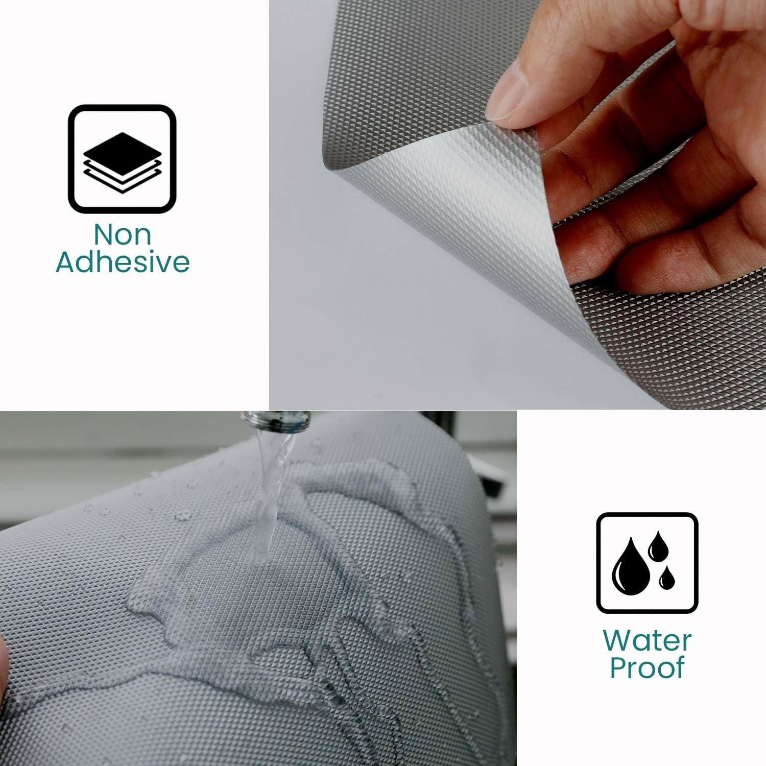 GoHooked silver EVA anti-slip, waterproof, non-adhesive liner mat. Textured surface shown with water and hand.