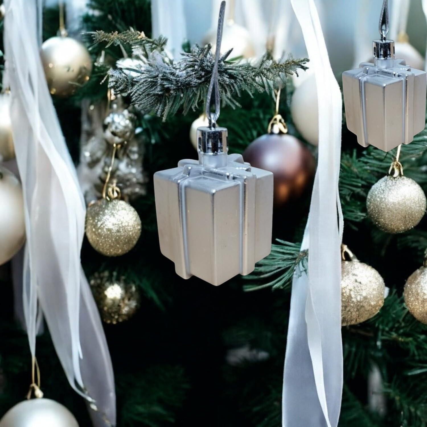 GoHooked silver gift box Christmas ornaments with glitter accents, perfect for festive decor.