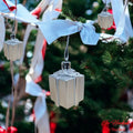 Go Hooked silver gift box Christmas ornaments with glitter accents, pack of 6.
