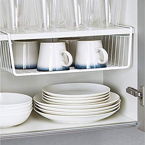 GoHooked silver powder-coated iron under-shelf basket organiser holding mugs and plates in a cabinet.