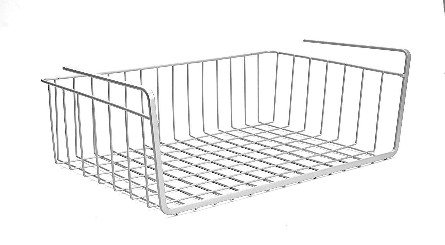 Go Hooked silver coated iron under shelf storage basket rack. Features a grid base and sides, designed for kitchen or pantry organization.
