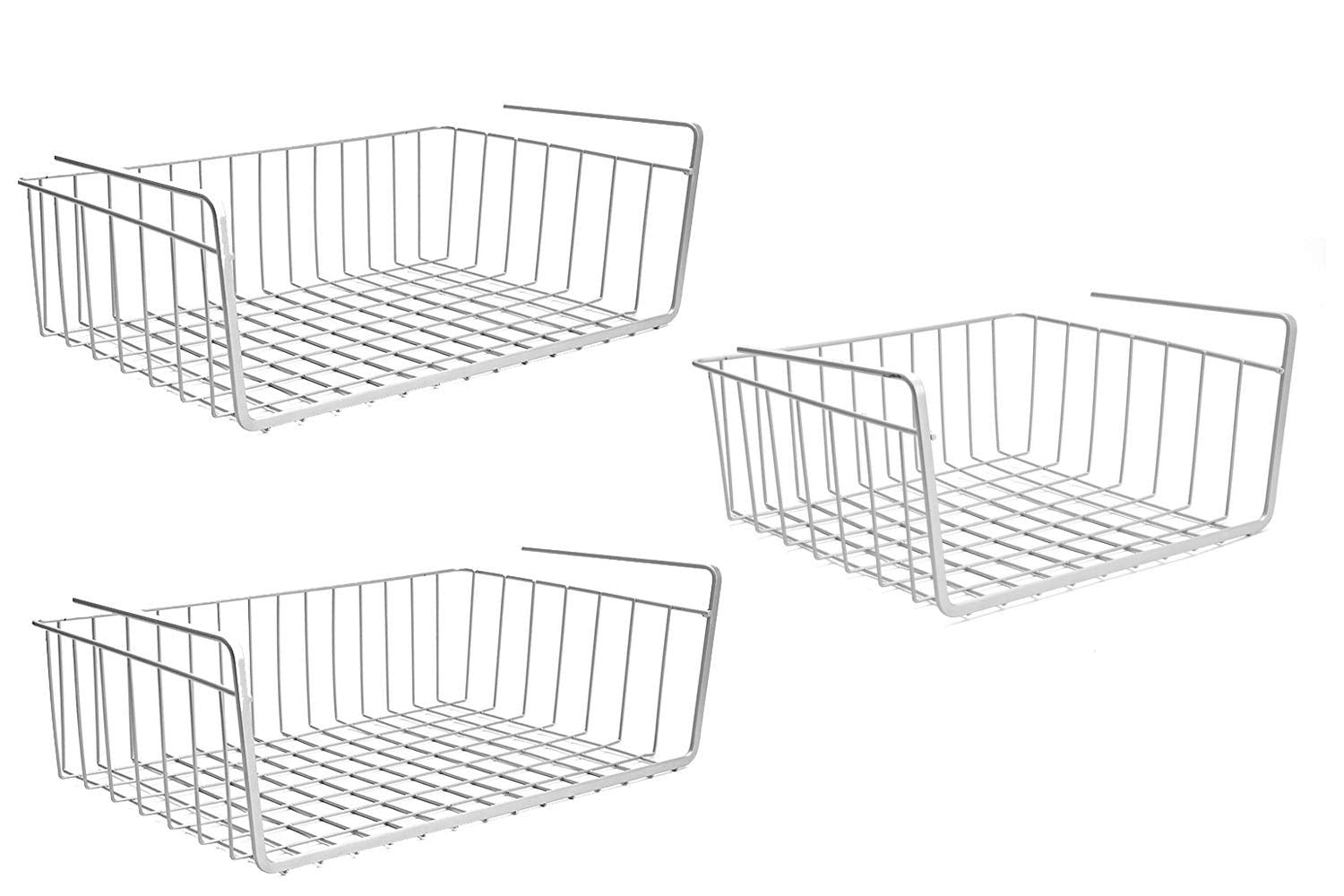 Go Hooked silver coated iron under shelf storage baskets, set of 3. Ideal for kitchen or pantry organization.