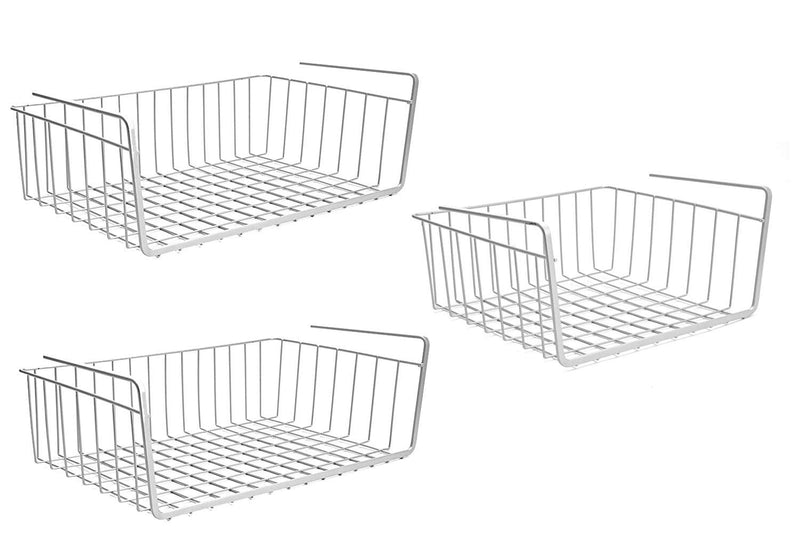 Go Hooked silver coated iron under shelf storage baskets, set of 3. Ideal for kitchen or pantry organization.