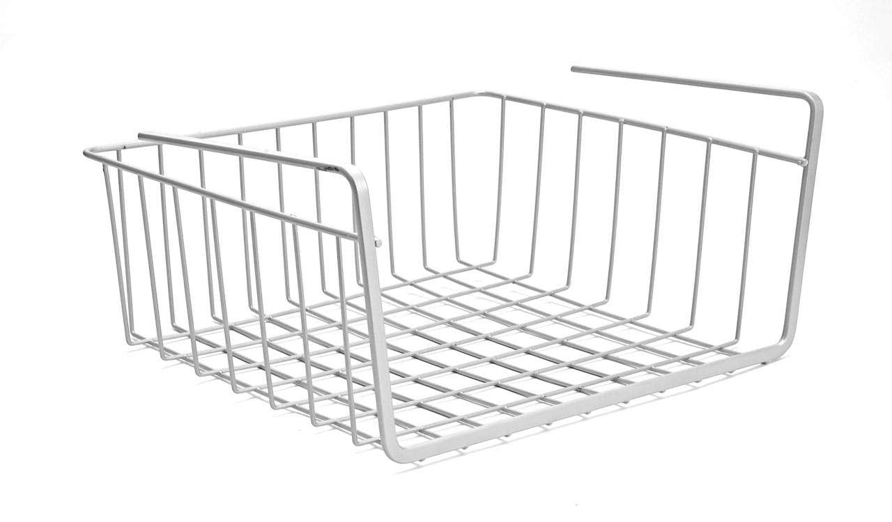 Go Hooked silver coated iron under shelf storage basket rack organizer. Features a grid design and fits over cabinet shelves.