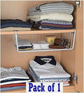 GoHooked silver powder-coated iron under-shelf basket organiser for cabinets and closets, holding folded clothes and accessories.