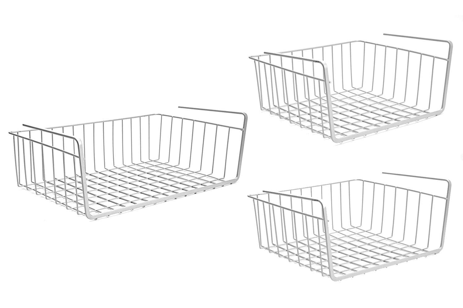Go Hooked silver coated iron under shelf storage basket organizer rack, pack of 3