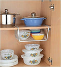 Go Hooked silver coated iron under shelf storage basket organizer rack for kitchen and pantry. Holds bowls and other kitchenware.