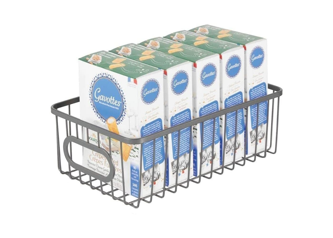 Go Hooked silver metal wire grid bathroom storage organizer basket bin with handle, holding boxes of Gavottes biscuits.