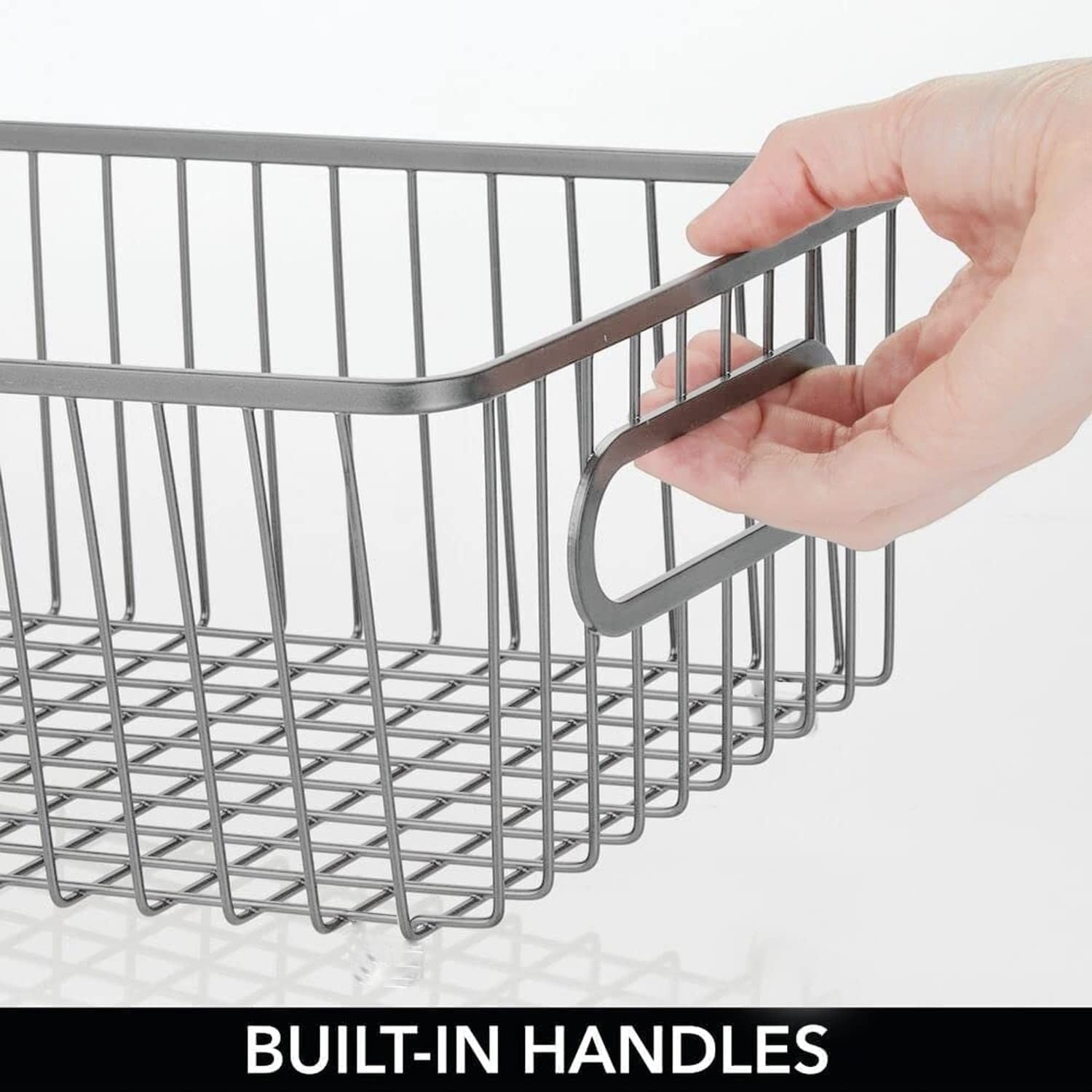 GoHooked silver metal wire grid bathroom storage organizer basket bin with built-in handles
