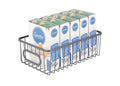 GoHooked silver metal wire grid storage basket bin with handle, holding boxes of Gavottes biscuits.