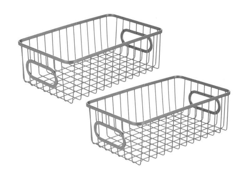 Go Hooked silver metal wire grid storage basket bin with handles, pack of 2.