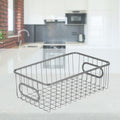 Go Hooked silver metal wire grid storage basket bin with handles, 10" length, for kitchen or bathroom organization.