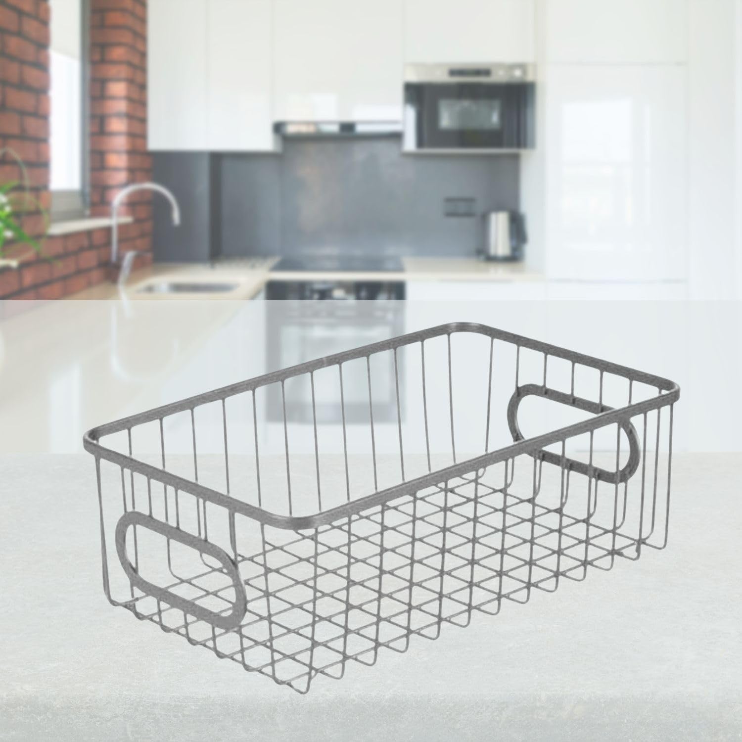 Go Hooked silver metal wire grid storage basket bin with handles, 10" length, for kitchen or bathroom organization.