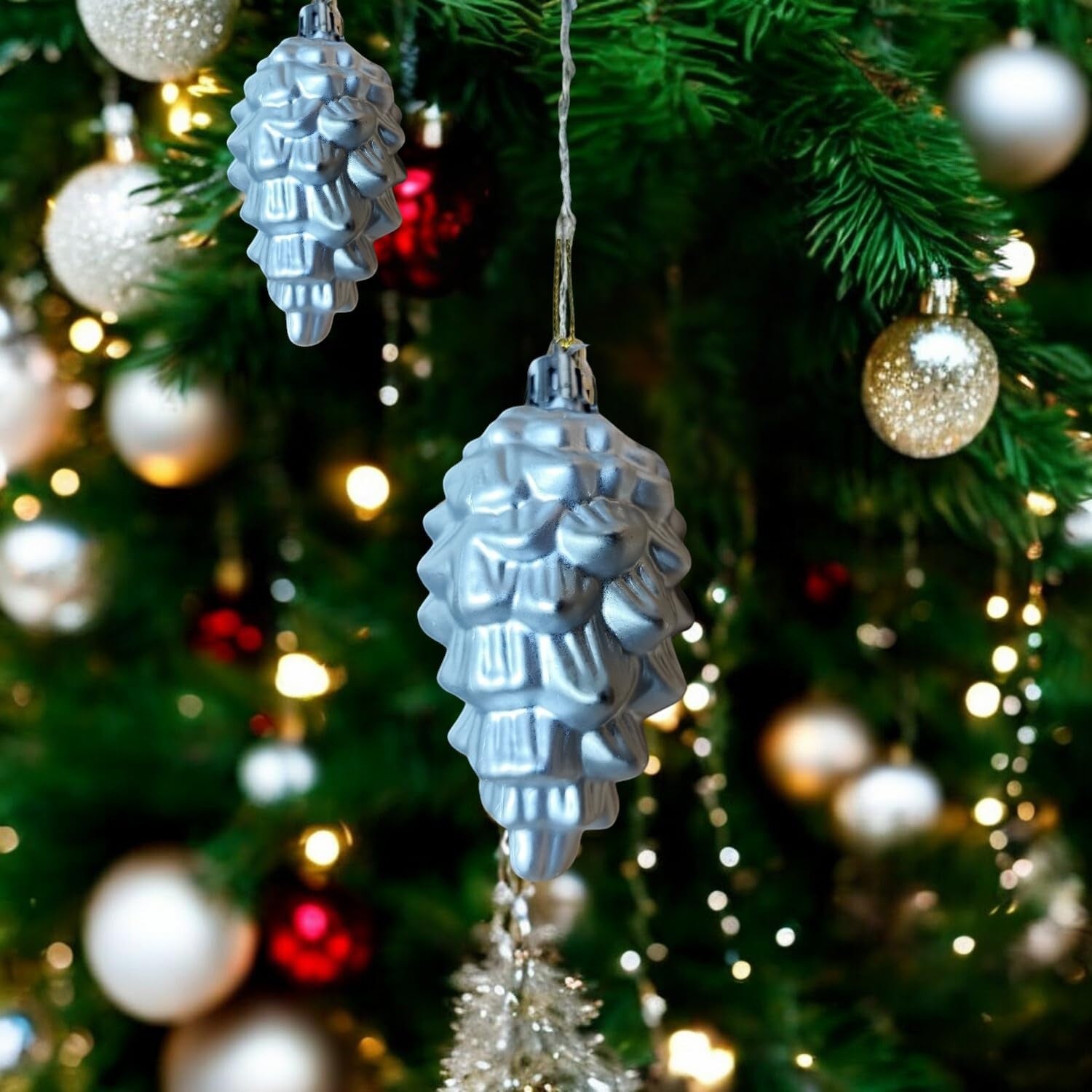 GoHooked silver pine cone Christmas ornaments with glitter details, 4-inch, pack of 6, for trees, walls, and doors.