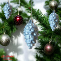 Go Hooked silver pine cone Christmas ornaments with glitter accents, 4-inch, pack of 6. Festive decor for trees, walls, and doors.
