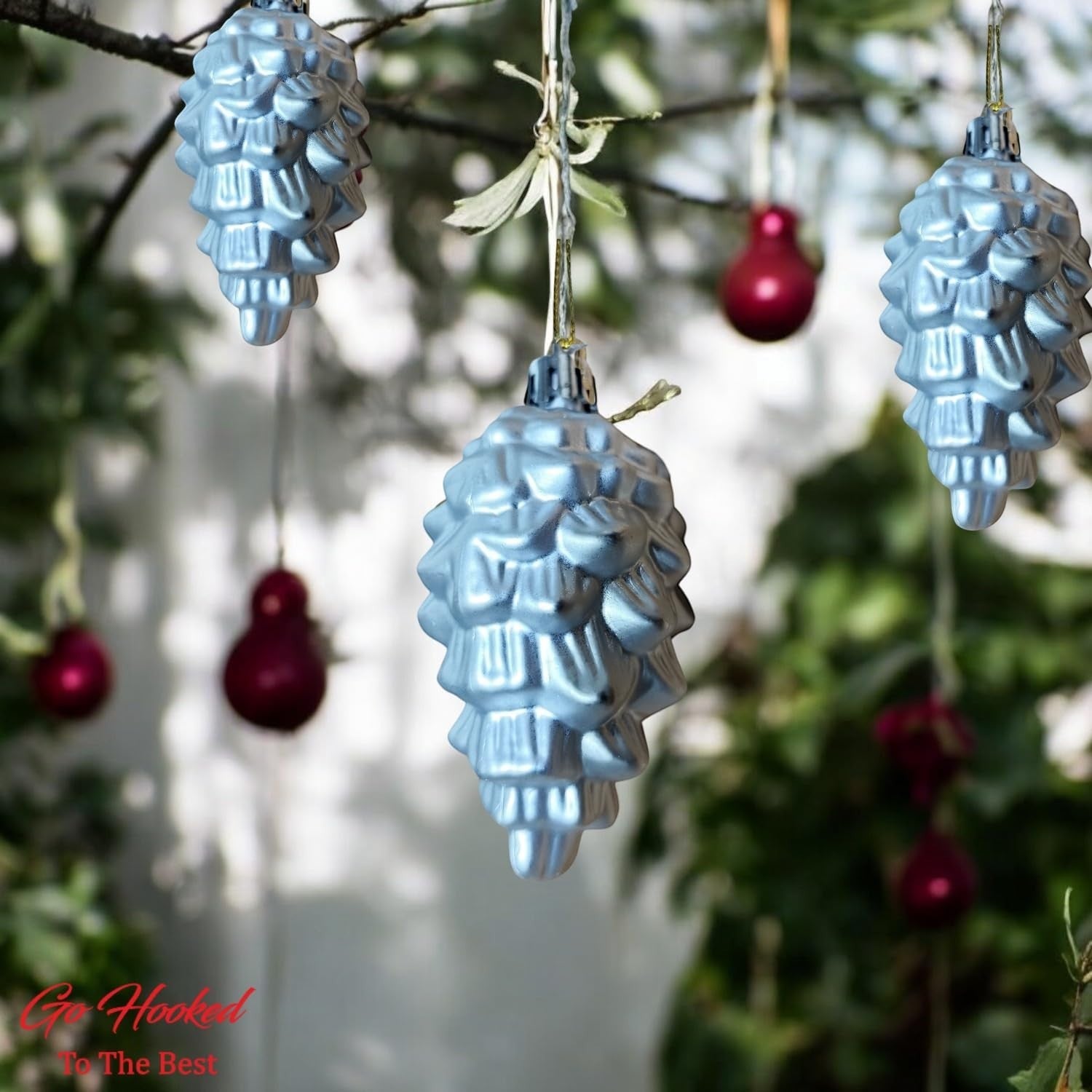 Go Hooked silver pine cone Christmas ornaments with glitter accents, pack of 6.