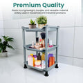GoHooked 3-tier silver plastic storage rack organizer with makeup and toiletries
