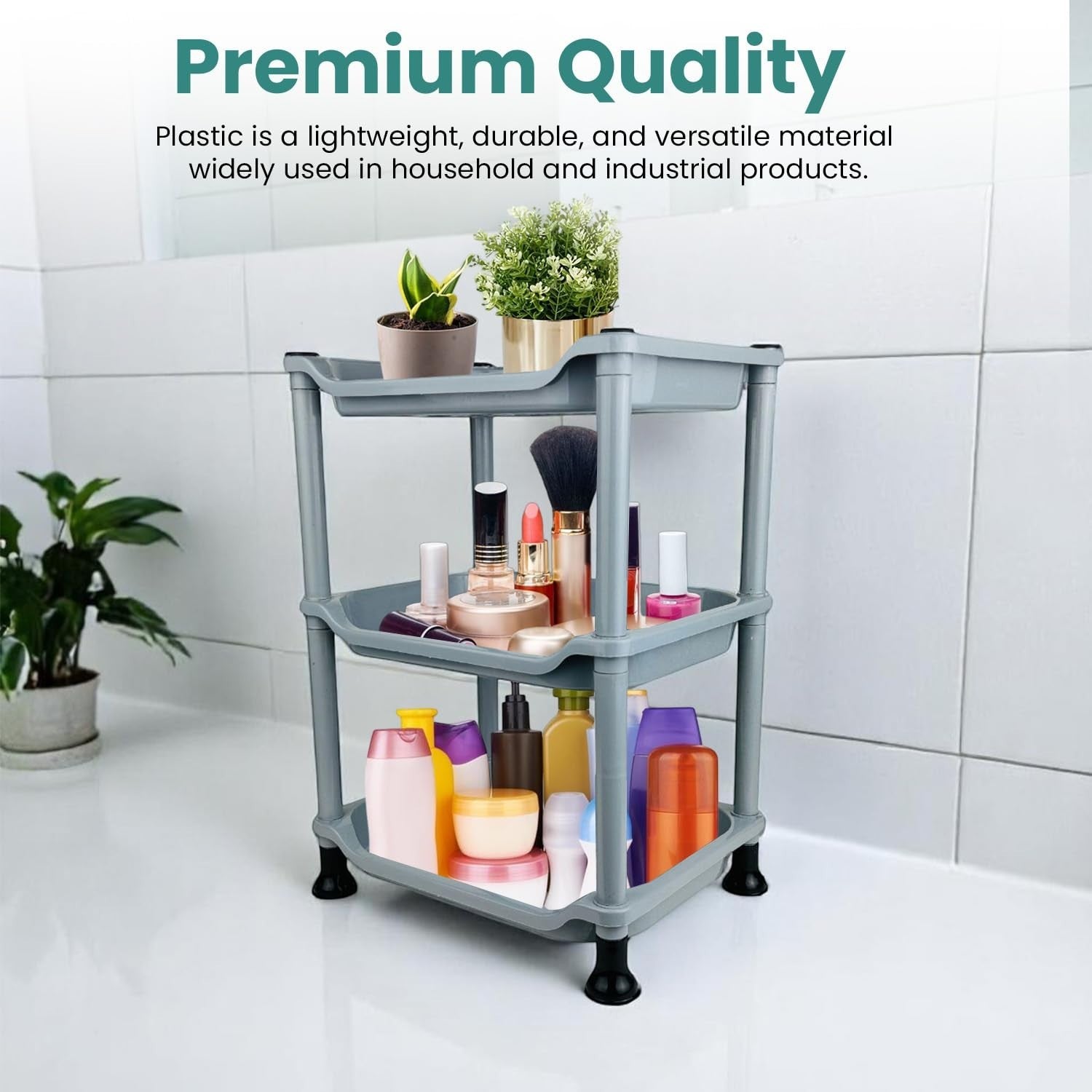 GoHooked 3-tier silver plastic storage rack organizer with makeup and toiletries