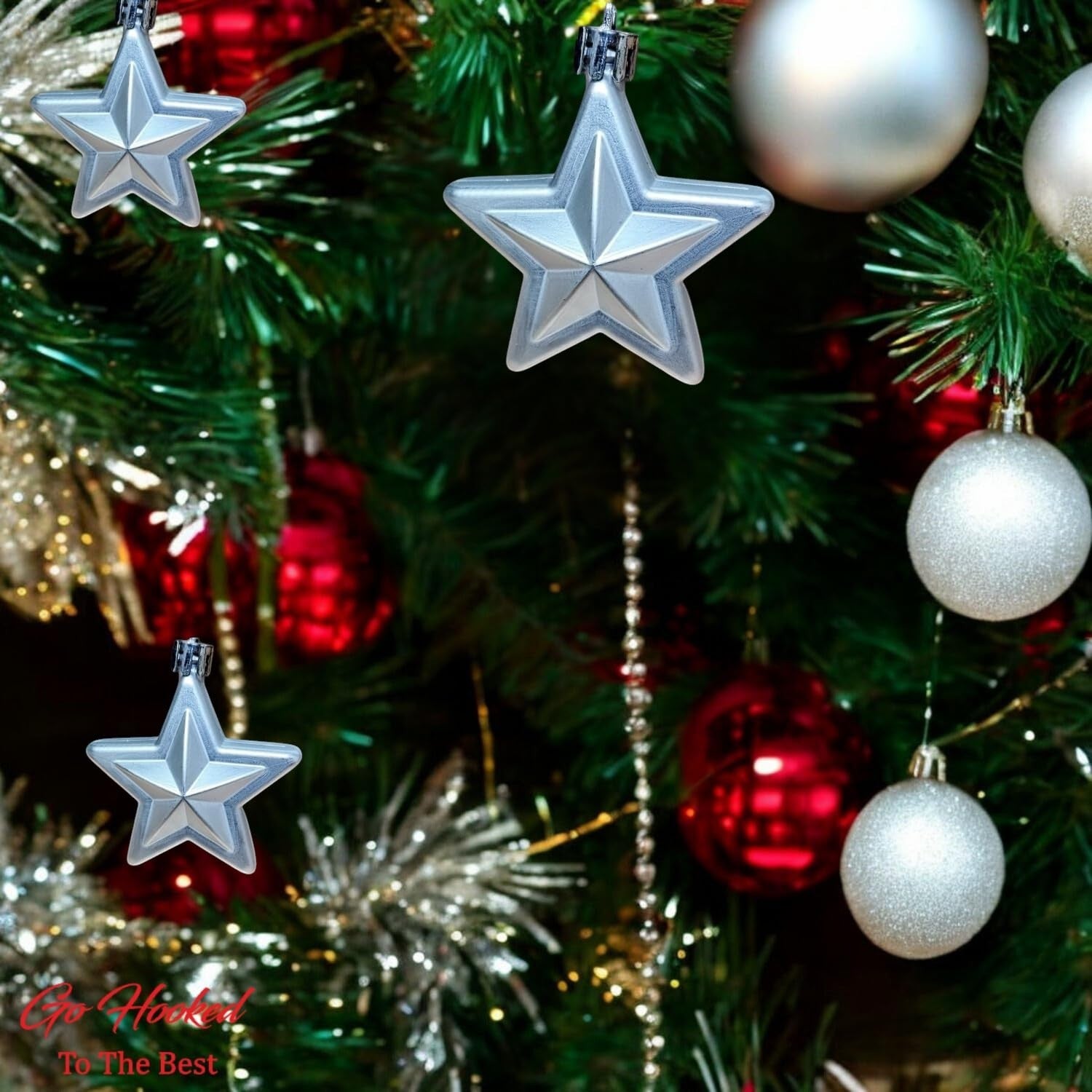 Go Hooked silver star Christmas ornaments with glitter accents, 3 inches, pack of 6, for trees and decor.