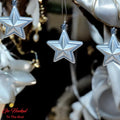 Go Hooked silver star Christmas ornaments with glitter accents, 3-inch pack of 6, perfect for trees and decor.