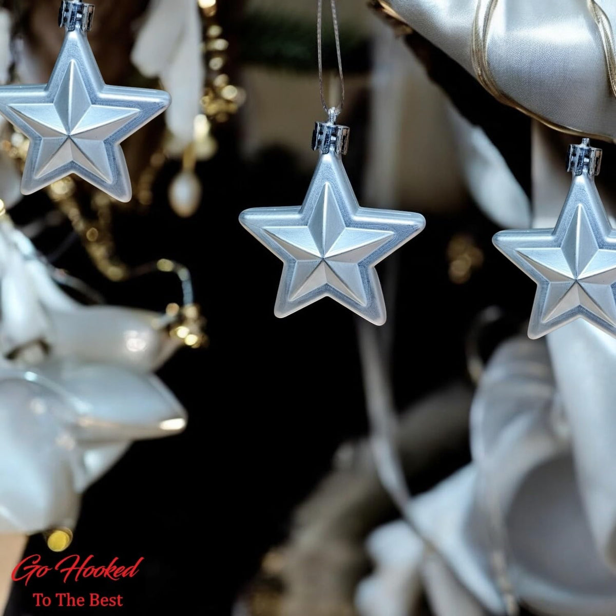 Go Hooked silver star Christmas ornaments with glitter accents, 3-inch pack of 6, perfect for trees and decor.