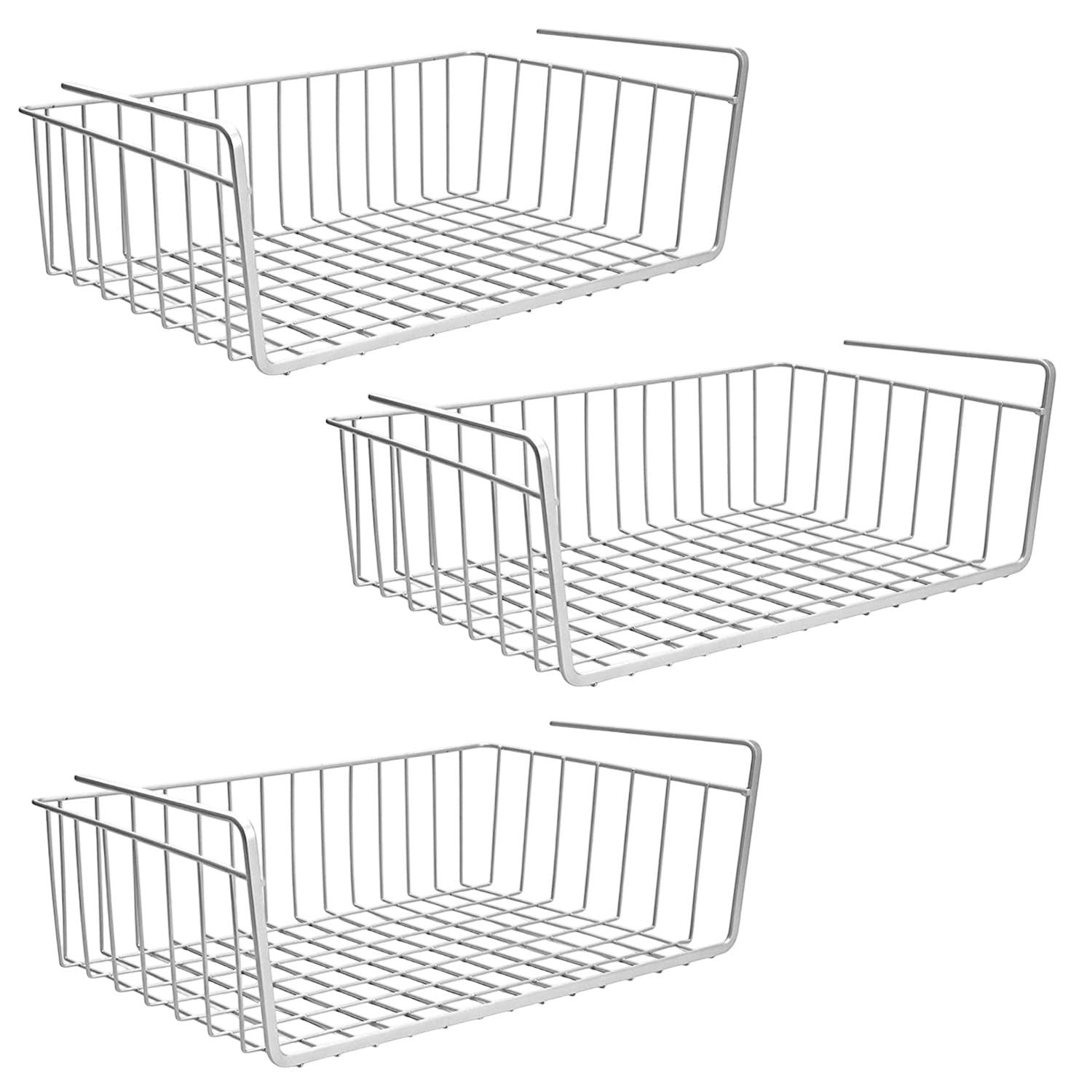 GoHooked 3-pack silver metal wire undershelf storage baskets with hangable design for kitchen or closet organization.