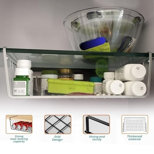 GoHooked silver wire under shelf basket with various bottles and containers, made of durable powder-coated iron.