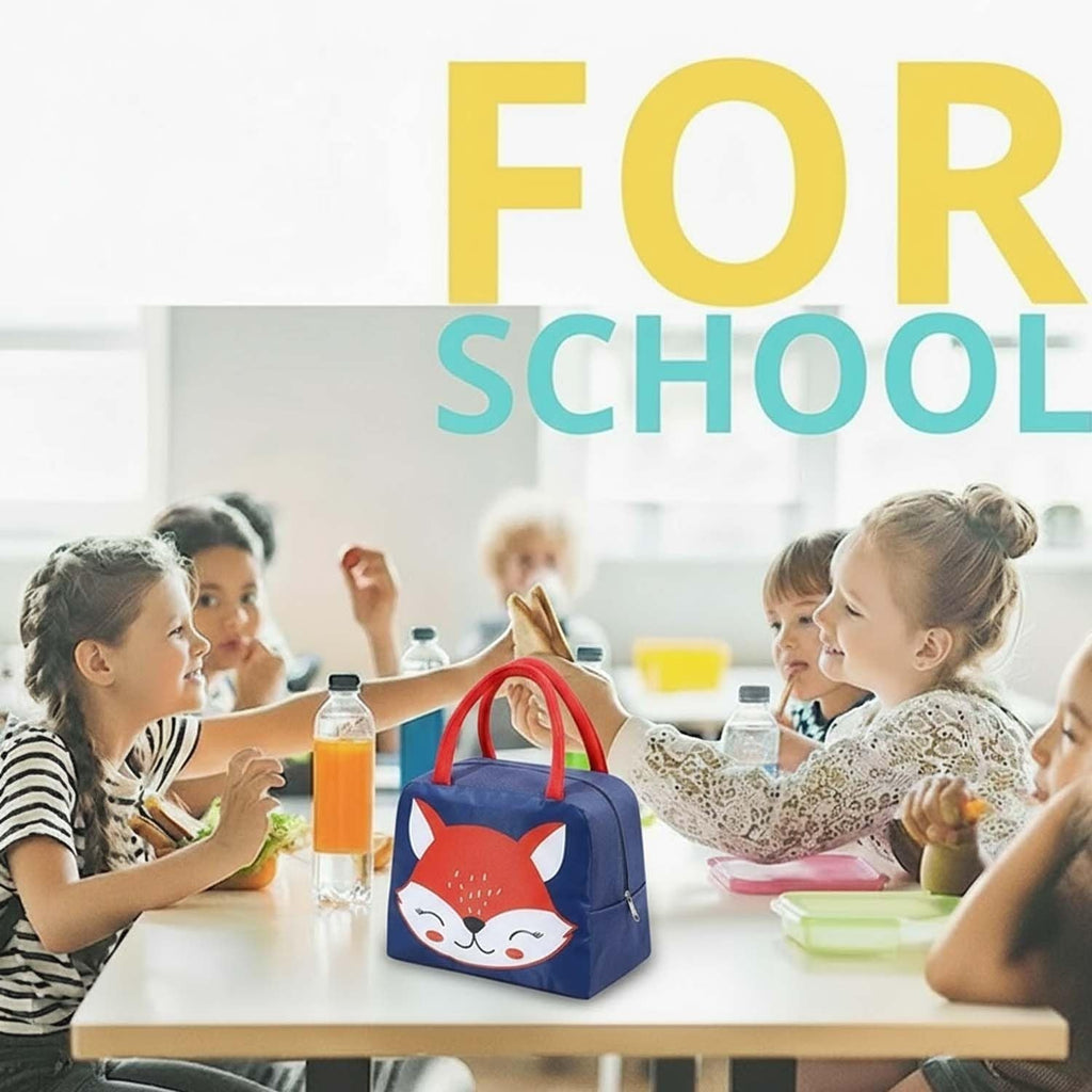 GoHooked dark blue Oxford cloth lunch bag with red handles and a cute smiley fox design, perfect for school.