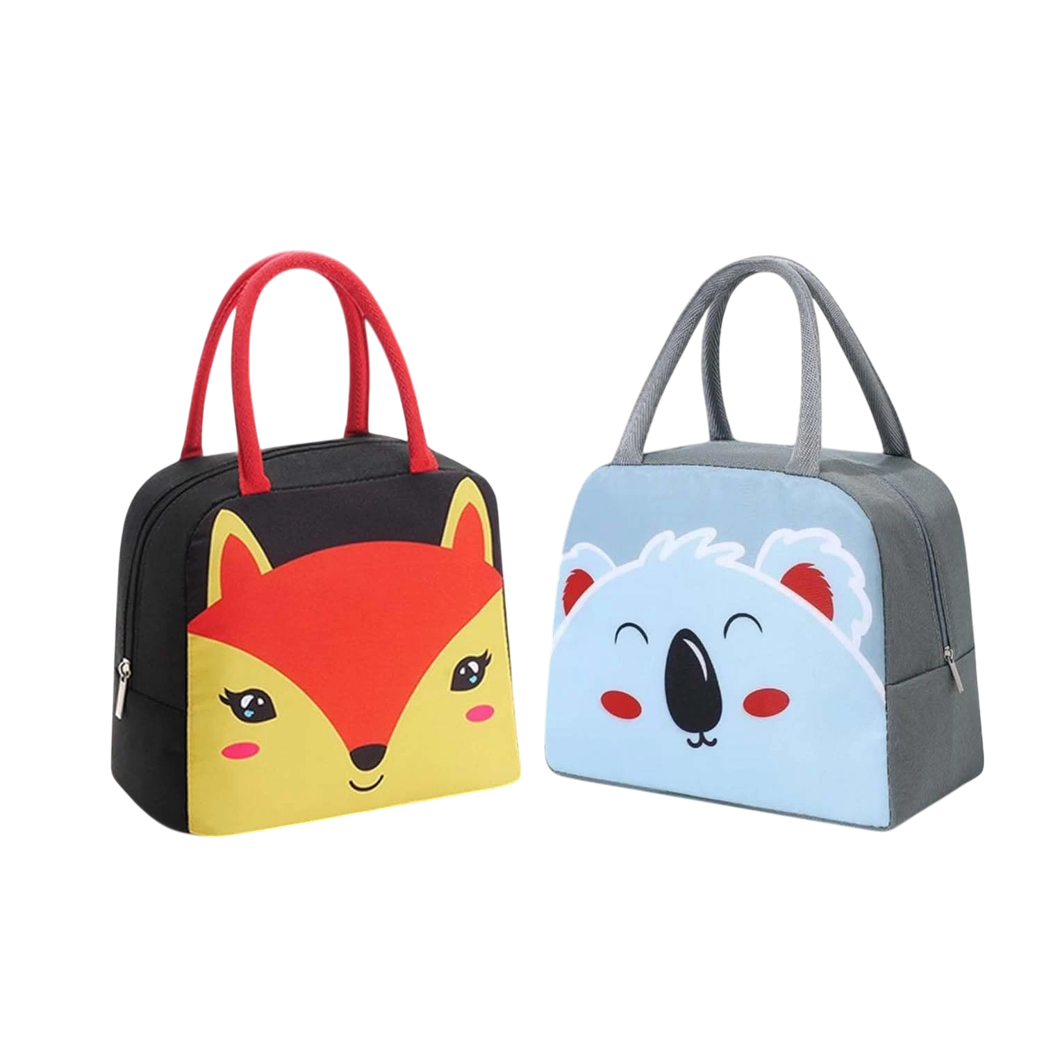 GoHooked dark blue Oxford cloth lunch bag with red handles and a smiley fox design. Thermal insulated tote for kids.