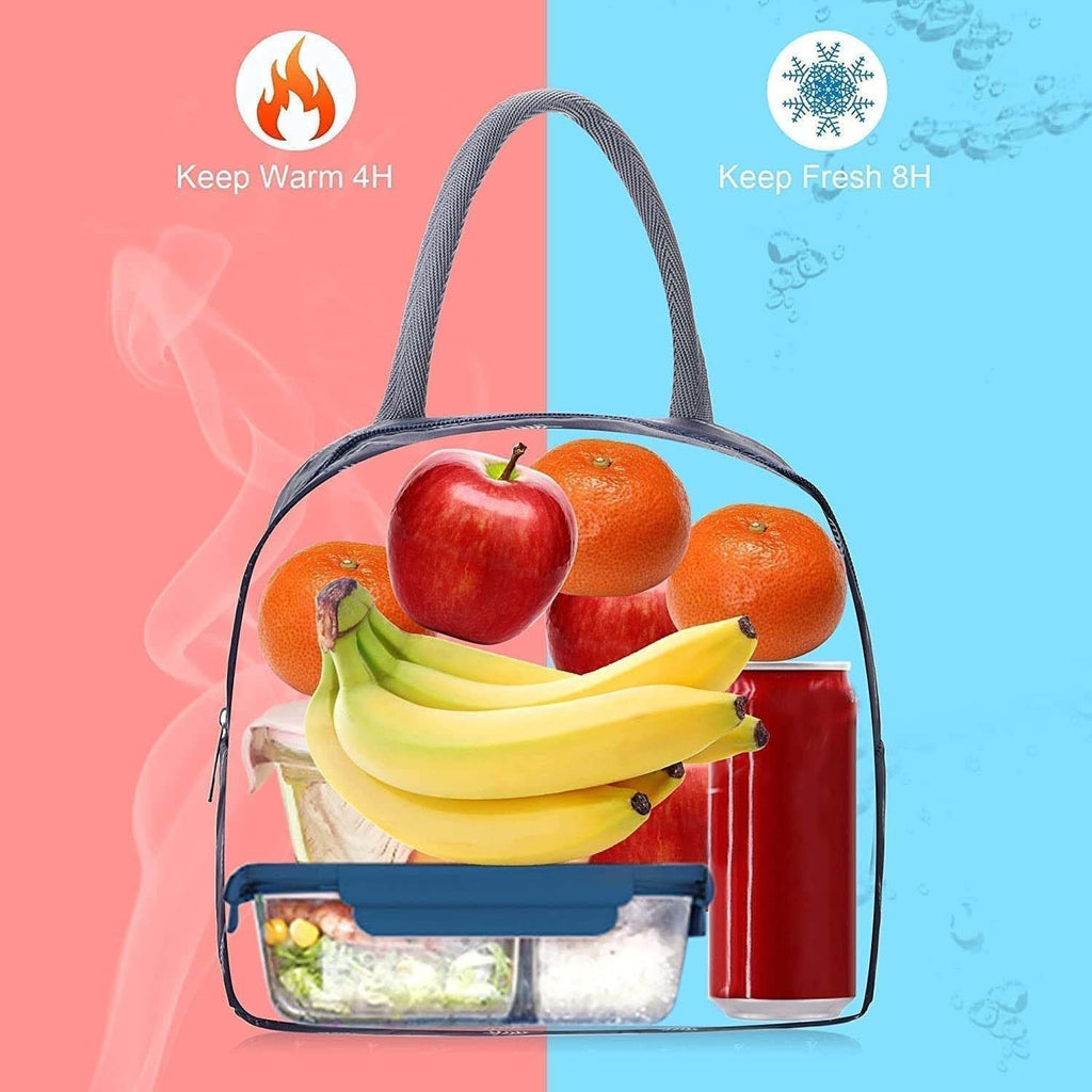 GoHooked dark blue Oxford cloth lunch bag with red handles, featuring a smiley fox design. Insulated for keeping food warm or fresh.