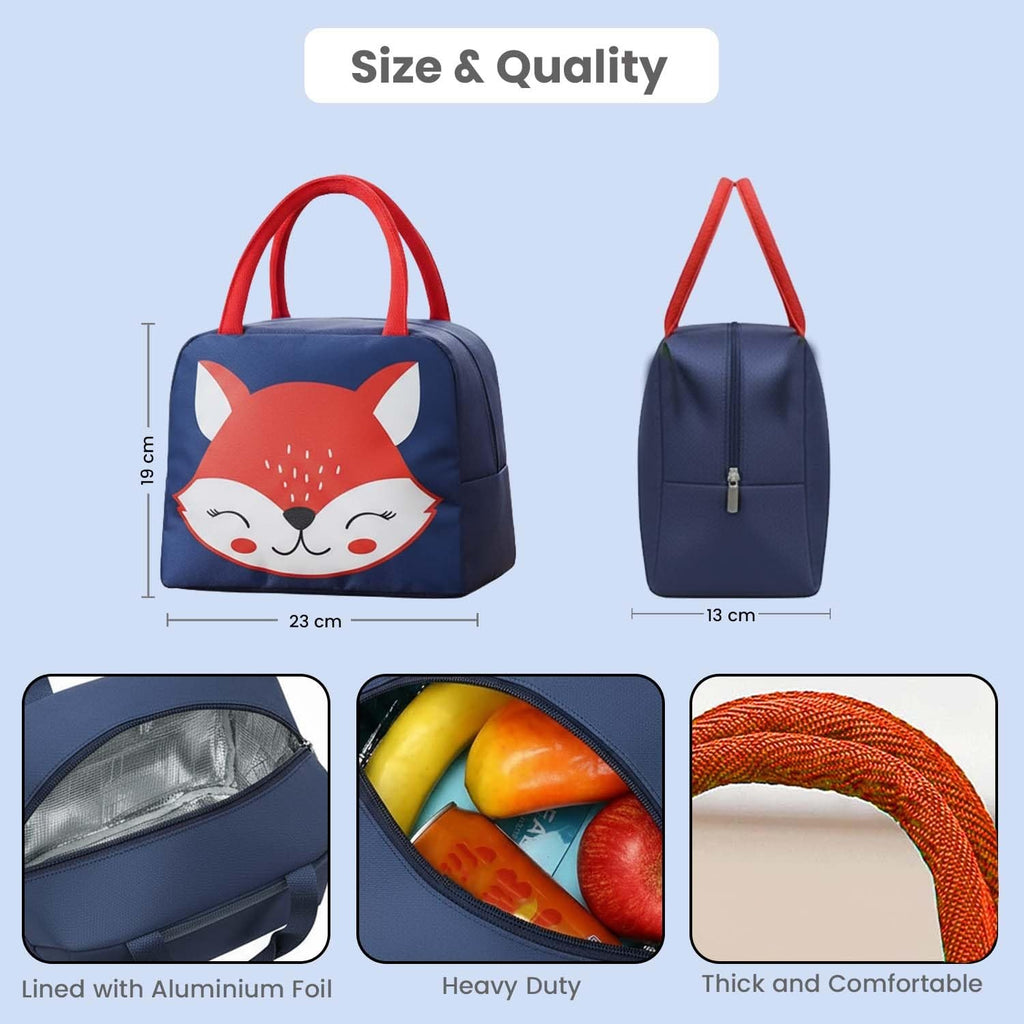 GoHooked dark blue Oxford cloth lunch bag with red handles and a cute smiley fox design. Insulated interior.