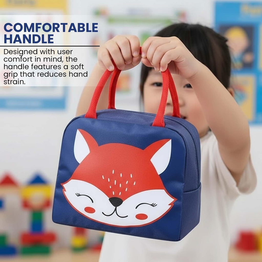 GoHooked dark blue Oxford cloth lunch bag with red handles and a cute smiley fox design. Thermal insulated for kids.