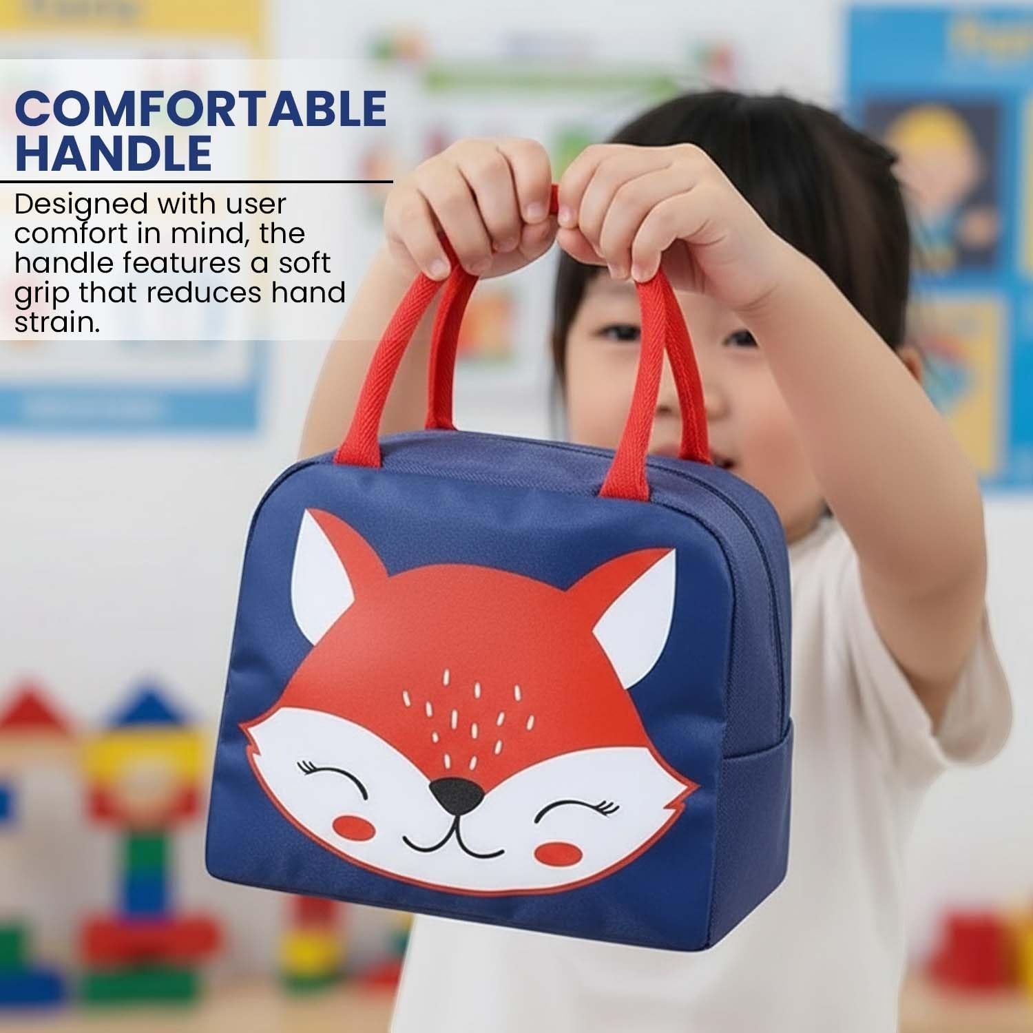 GoHooked dark blue Oxford cloth lunch bag with red handles and a cute smiley fox design. Thermal insulated for kids.