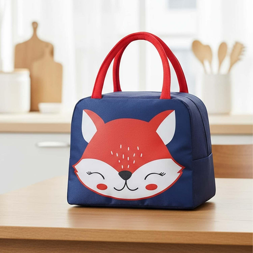 GoHooked dark blue Oxford cloth lunch bag with a cute smiley fox design and red handles. Thermal insulated tote.
