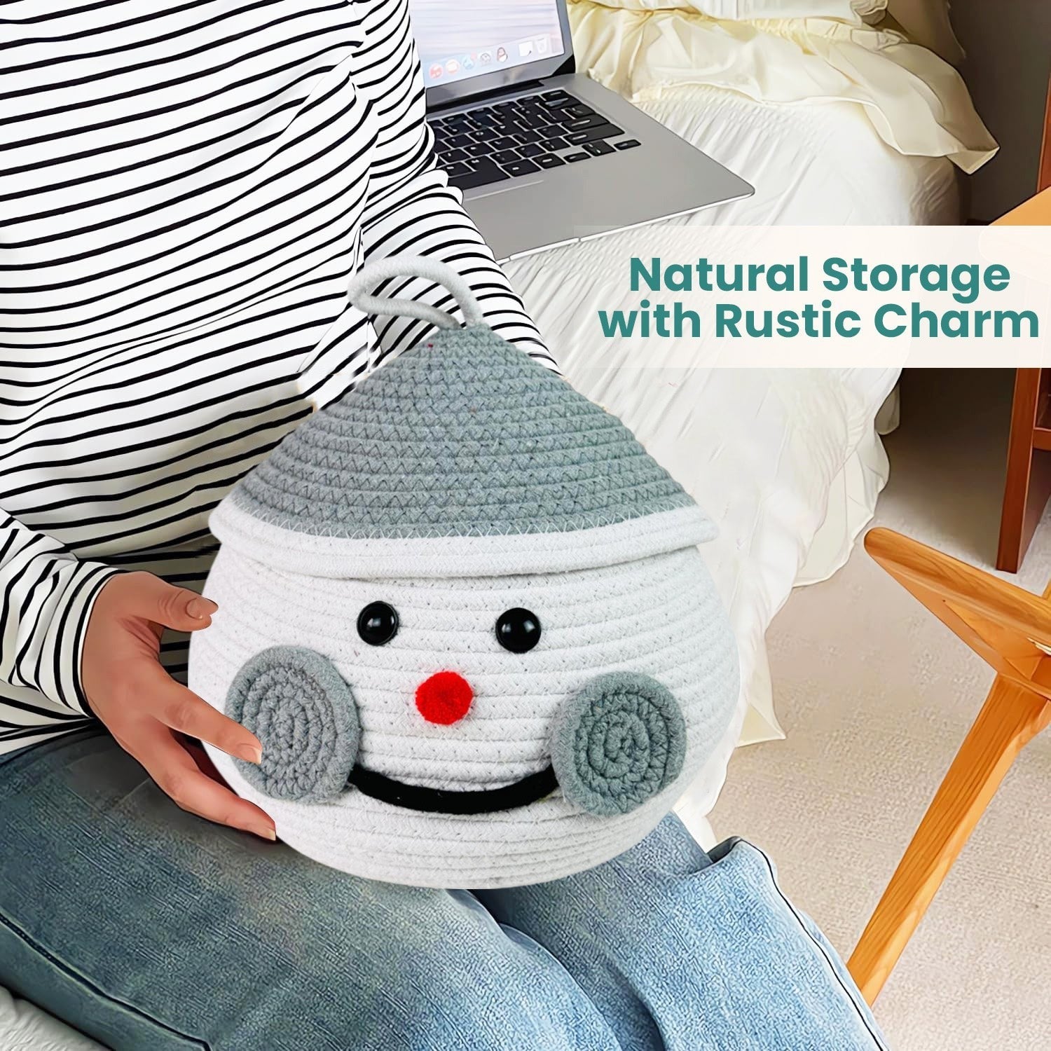 GoHooked snowman-shaped cotton rope storage basket with a grey lid, held by a person in a striped shirt.