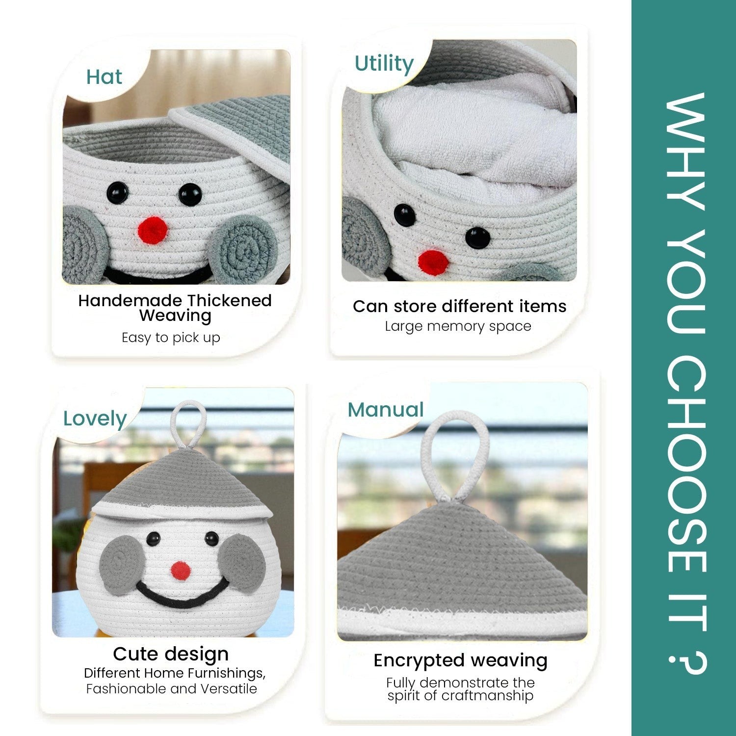 GoHooked snowman cotton rope storage basket with lid showing handmade woven details and multipurpose utility