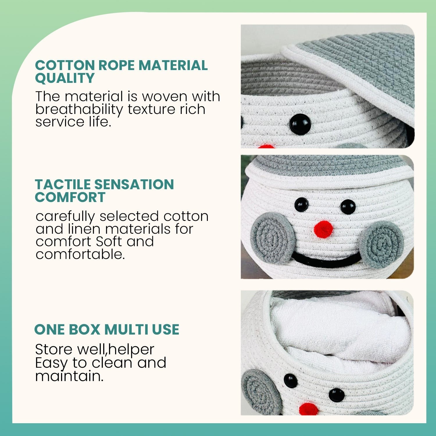 GoHooked snowman cotton rope storage basket with lid, featuring soft woven texture and playful stitched face details.