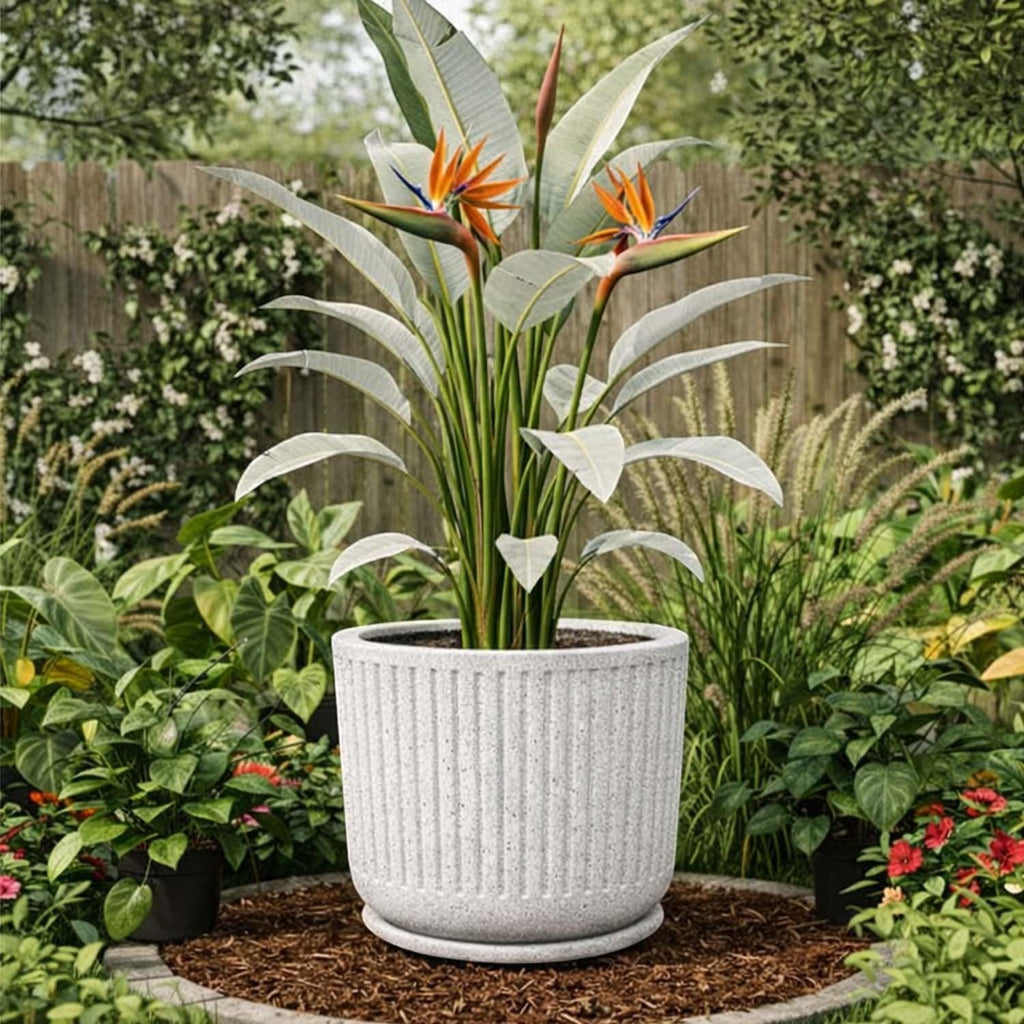 Go Hooked Cosmic Round Planter Pot with Tray (15×14 Inch, Brown) | Granite Speckled Ribbed Polymer Design | Large Decorative Plastic Flower Pot for Indoor Outdoor Plants, Balcony & Home Garden Décor