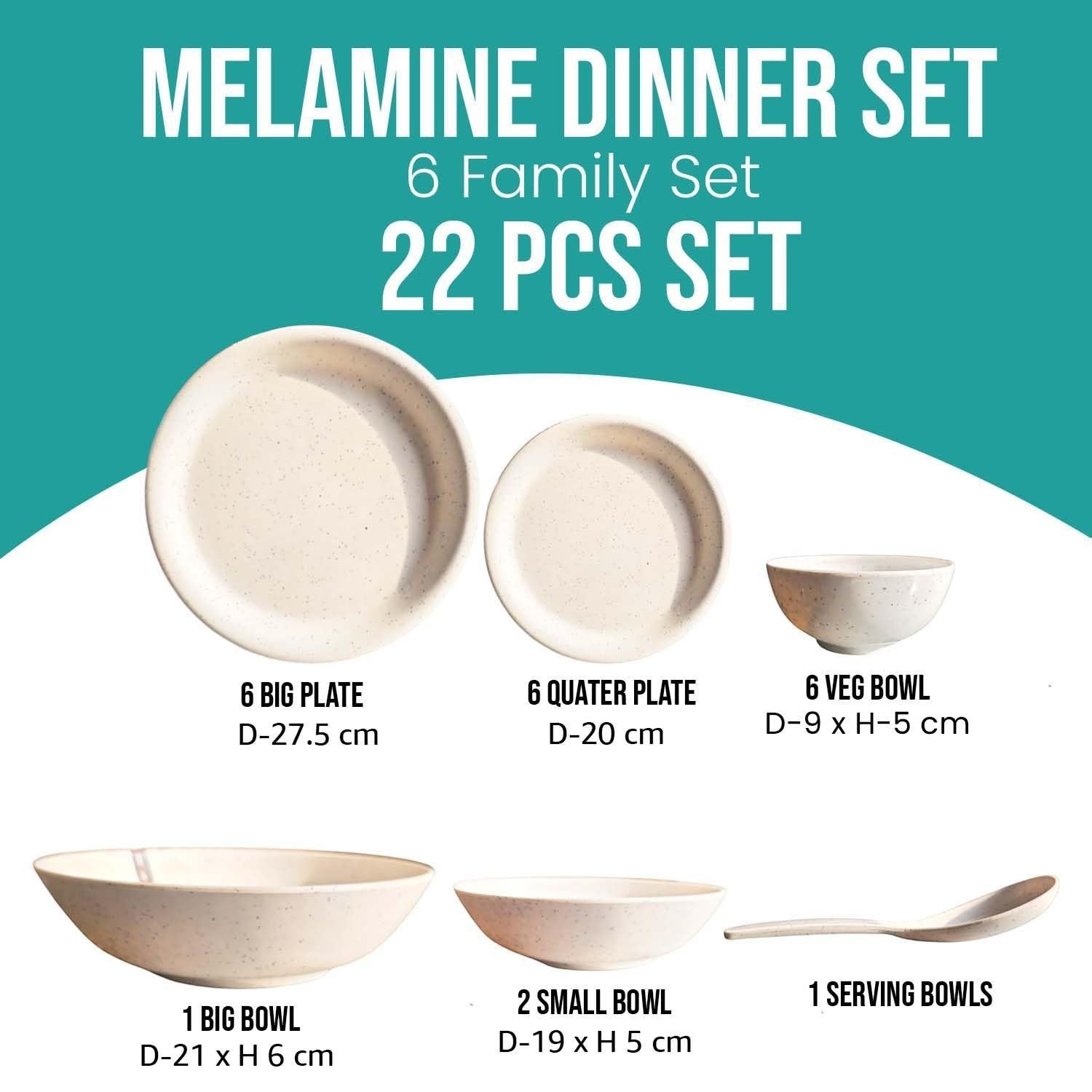 GoHooked 22-piece speckled white melamine dinner set with 6 full plates, 6 quarter plates, 6 soup bowls, serving bowls, and spoon.