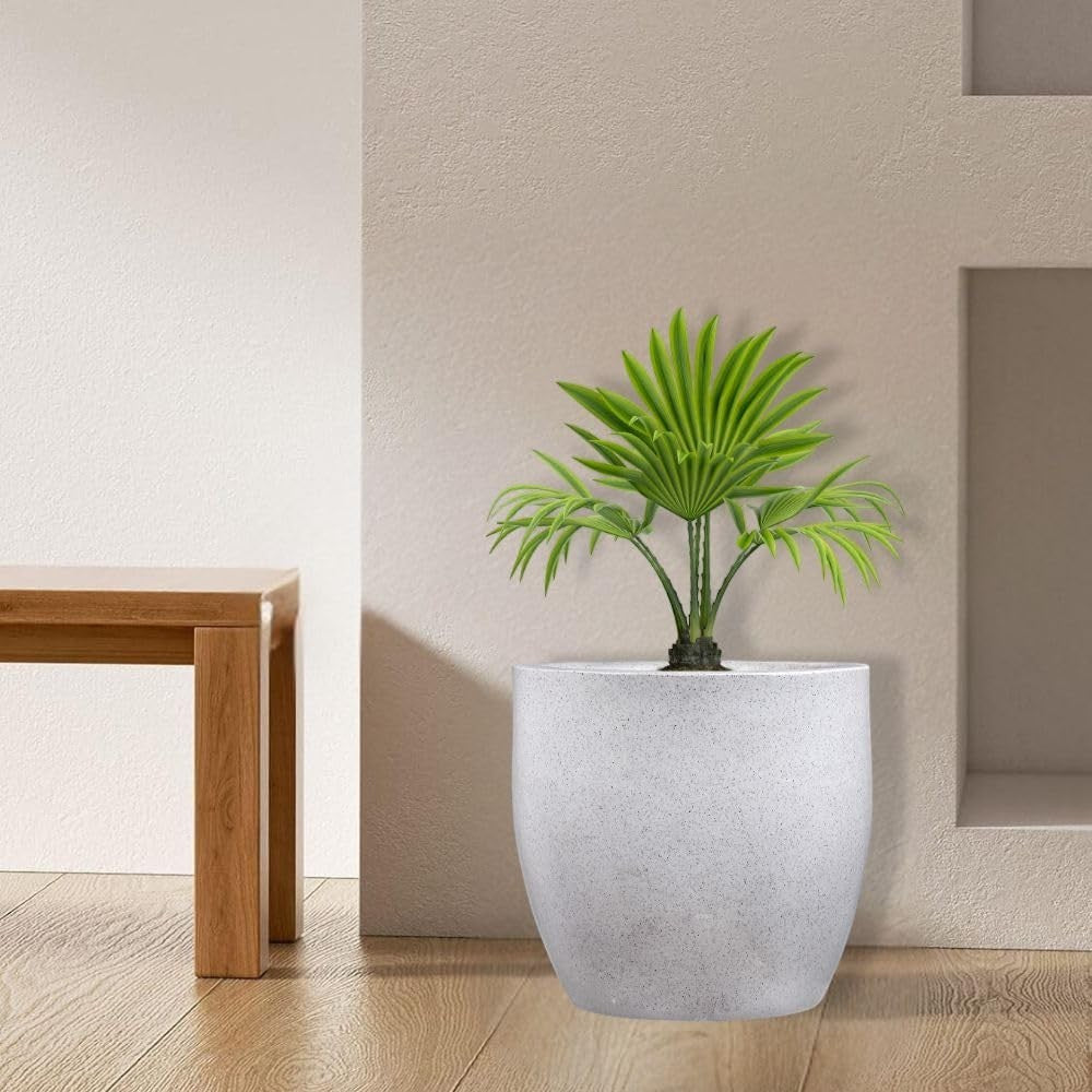 GoHooked 24-inch speckled white round polymer planter pot with a green plant inside, perfect for living rooms or balconies.