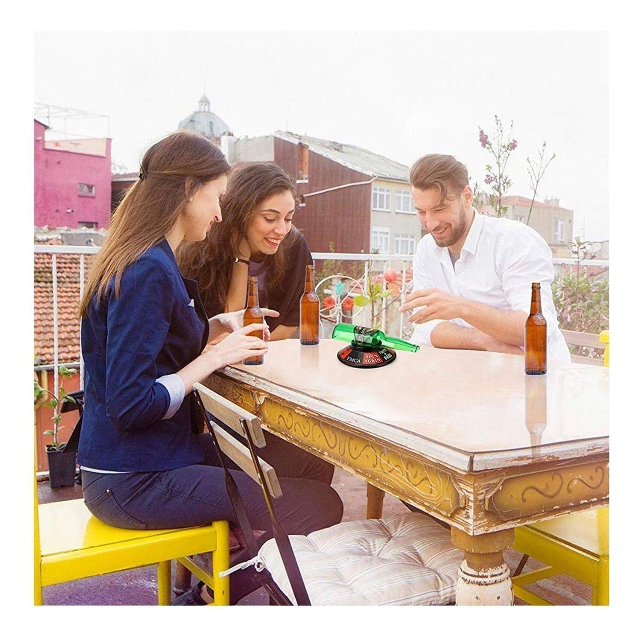 Go Hooked Spin the Bottle drinking game with green spinner on a table with friends playing. Fun party game for adults.