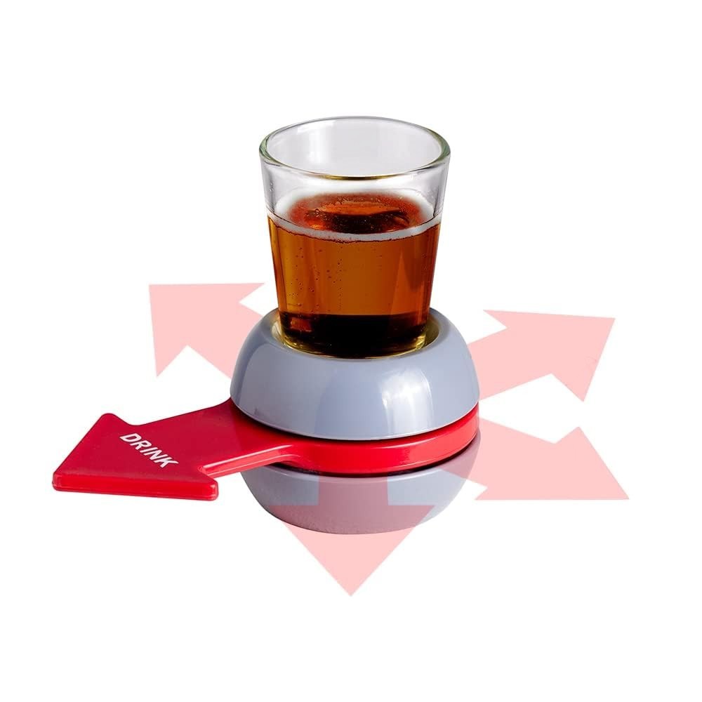 GoHooked Spin the Shot drinking game with a shot glass and red spinner arrow pointing to 'DRINK'. Multicolor plastic base.