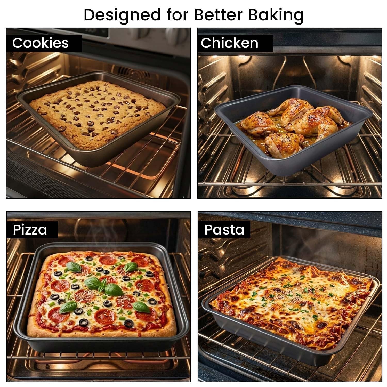 GoHooked grey square carbon steel baking pan filled with lasagna, perfect for baking and roasting.