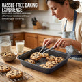 GoHooked grey square carbon steel baking pan with non-stick coating, used for baking cookies.
