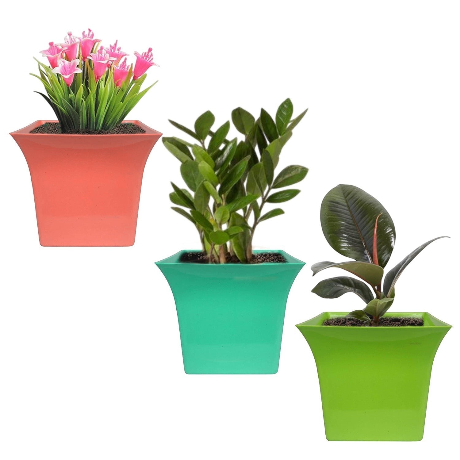 GoHooked set of three square plastic planter pots in coral, teal, and lime green with indoor plants