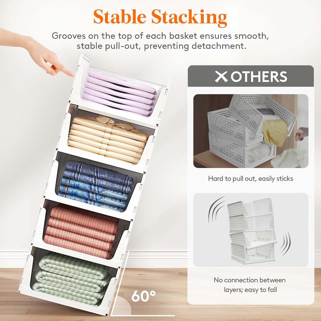 GoHooked stackable white plastic wardrobe organizers with drawer-style pull-out design for efficient closet storage