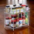 GoHooked 2-tier stainless steel shelf organizer rack filled with various jars of spices, condiments, and sauces.